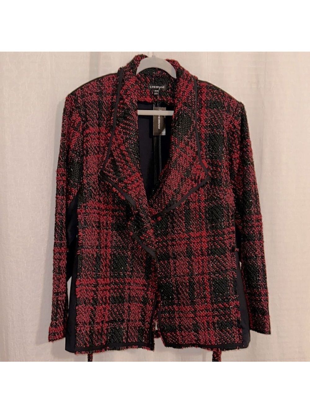 LANE BRYANT 26/28 Red Black Tweed Houndstooth Plaid Knit Back Combo Jacket